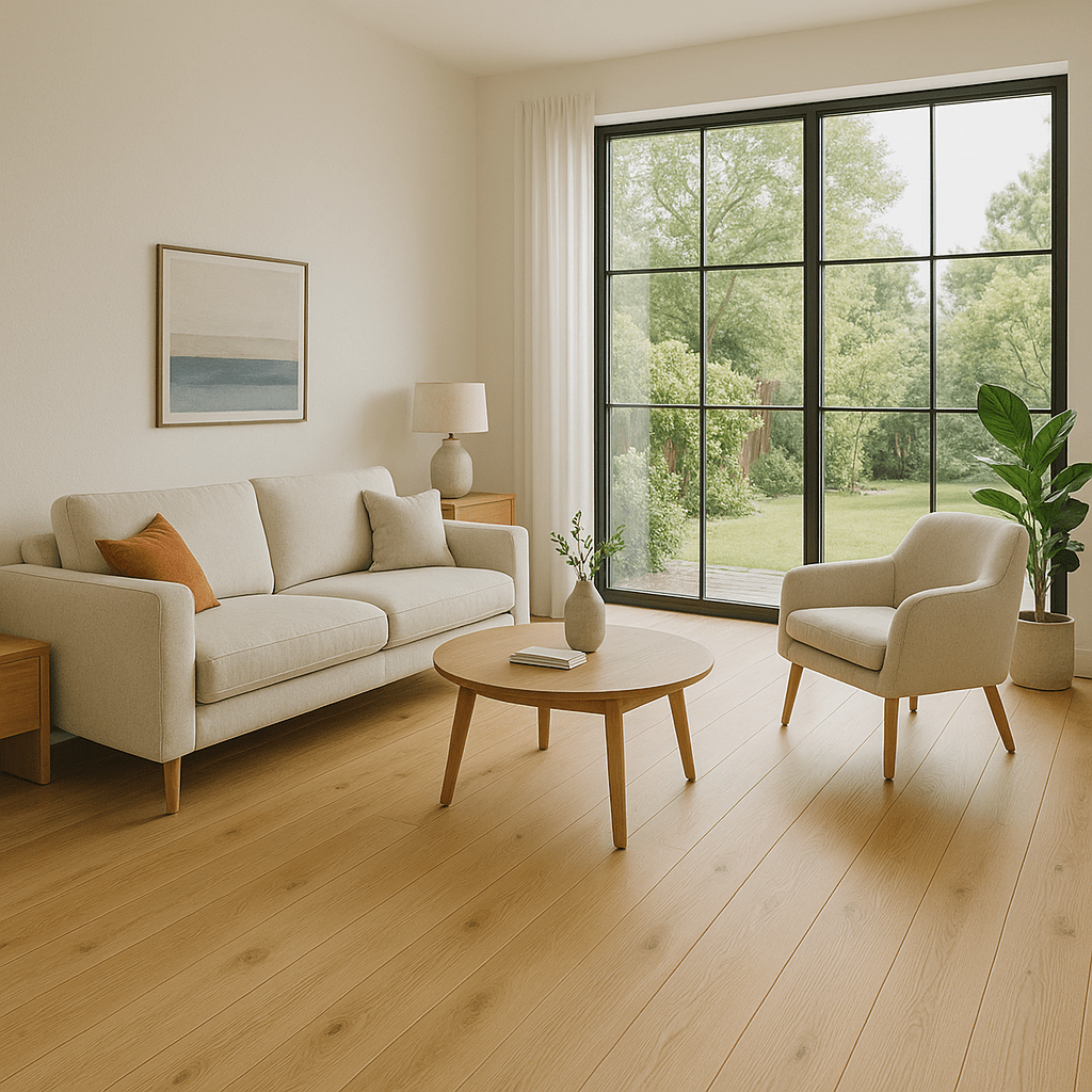Modernes Wohnzimmer mit Dielenparkett, großer Fensterfront und Blick in den grünen Garten – stilvolle, helle Einrichtung mit Sofa, Sessel und Holztisch.